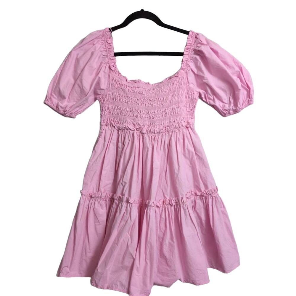 Mable Pink Mini Babydoll Dress Smocked Puff Sleeve Tiered Medium